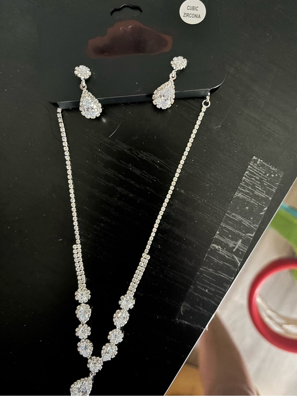 Cubic Zirconia Teardrop Pendant Necklace & Earring Set - Silver Tone